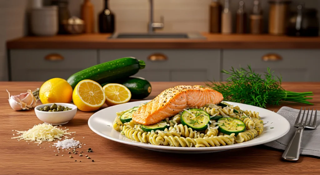Fusilli de lentejas con salmón