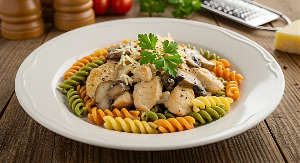 Fusilli trigrano con pollo y setas
