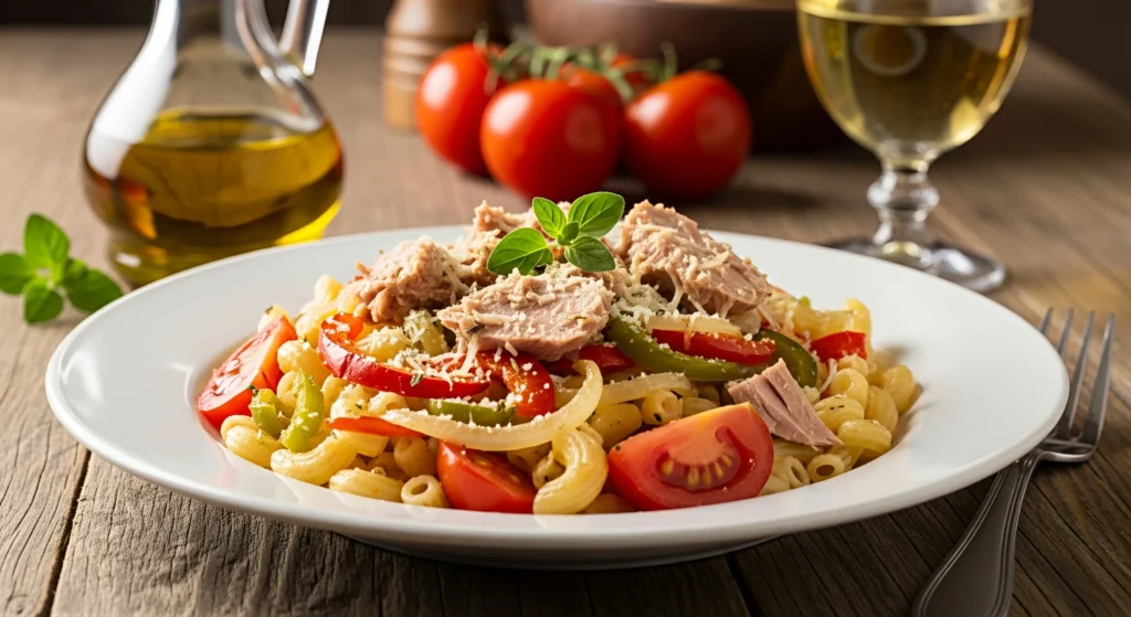 Macarrones con verduras, tomate y atún en conserva
